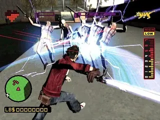 Travis Touchdown slashes through four enemies with a beam katana in No More Heroes