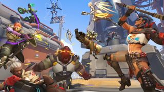 Overwatch 2 heroes Moira Winston, Lucio, Zenyatta, Mercy, Hanzo and Junkerqueen brawl