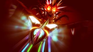 a screenshot from Thumper showing the beetle surrounded by psychedelic colours