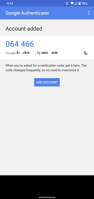 Google Authenticator "Add Account" page with verification code