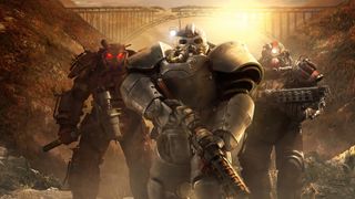 Fallout 76 Wastelanders screenshot showing three characters in Power Armor, standing side by side at the bottom of a sun drenched canyon