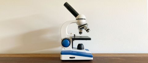 Microscope on a walnut table in front of a beige wall