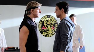 Daniel LaRusso and Johnny Lawrence facing each other during the Netflix show, Cobra Kai.