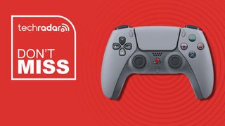 The 30th anniversary PS5 DualSense controller on a red background with white don&#039;t miss text