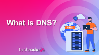 Illustration of a man holding a laptop stood near DNS servers