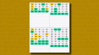 Quordle Daily Sequence answers for game 1074 on a yellow background