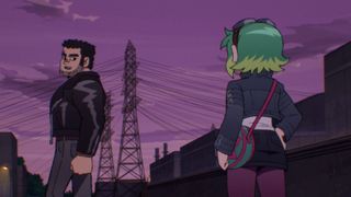 Lucas Lee looks over his shoulder at Ramona Flowers in Scott Pilgrim Takes Off