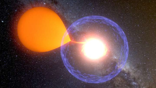 A illustration of an exploding white dwarf star feeding on a stellar companion