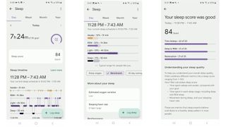 Fitbit app showing a sleep score summary, HRV, breathing rate, blood oxygen, skin temperature, and other data.