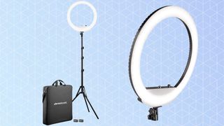 The Westcott 18-inch Bi-Color LED Ring Light Kit with Batteries and Stand, on a blue background. The Westcott is one of the best ring lights