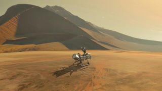 An artist&#039;s depiction of the Dragonfly spacecraft on the surface of Titan.