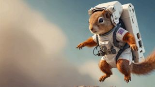 An AI-generated image of a squirrel wearing a spacesuit, produced by the Amuse AI tool.