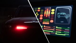 A Rivian car and its dashboard with a Knight Rider KITT makeover