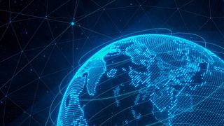 Sovereign cloud concept image showing digitized earth focusing on Europe with data flows.