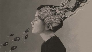 A pencil drawing showing brain eating amoebas entering a boy's nose, and an artistic representation of the boy's brain breaking down