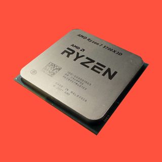 The AMD Ryzen 7 5700X3D on a red background