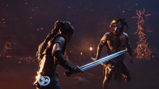 A swordfight encounter between Senua and a Draugar enemy in Senuas Saga Hellblade 2