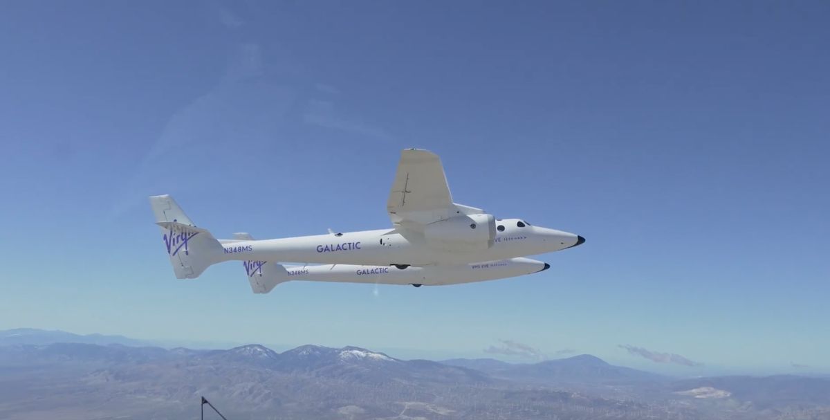 Virgin Galactic&#039;s VMS Eve carrier plane conducts a test flight from Mojave Air and Space Port in California on Feb. 15, 2023.