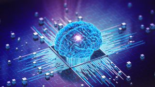 Open source AI concept image showing digitized brain hovering over a circuit board.