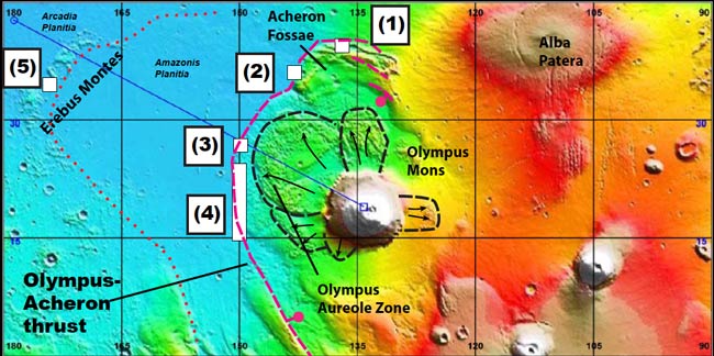 Some landforms north and west of the Mars volcano Olympus Mons may be evidence of recent plate tectonic activity.