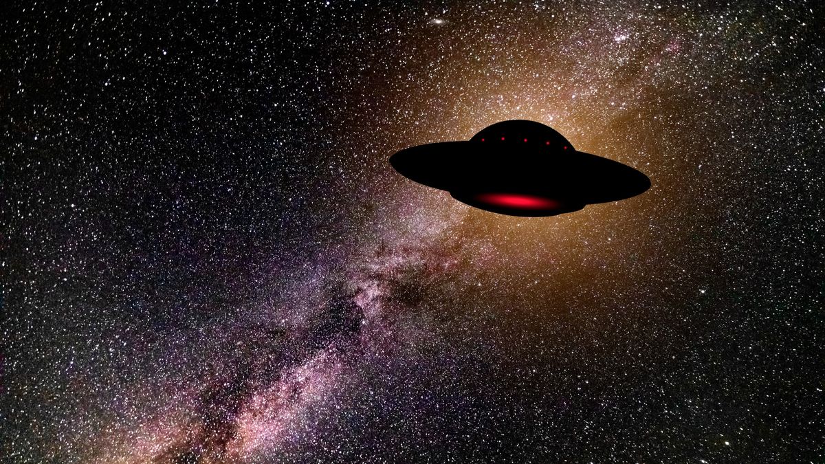 An illustration of a lonely flying saucer against the dark backdrop of space