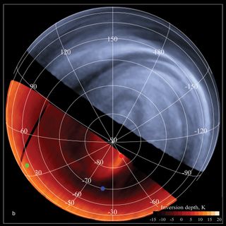 The lower left of this image shows a differential temperature map (not absolute values) of the venusian cloud tops, derived from the Visible and Infrared Thermal Imaging Spectrometer, VIRTIS, on the planet’s night-side. The darker the region, the colder the cloud tops.