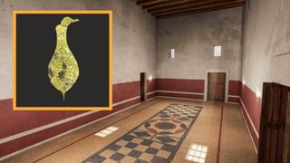 A reconstructed rendering of a room with a geometric mosaic, with an inset of a golden plaque