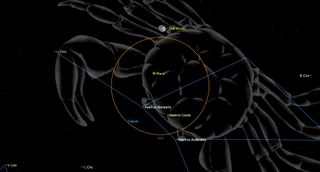 an illustration of the night sky showing a reddish-orange orb near a nearly-full moon