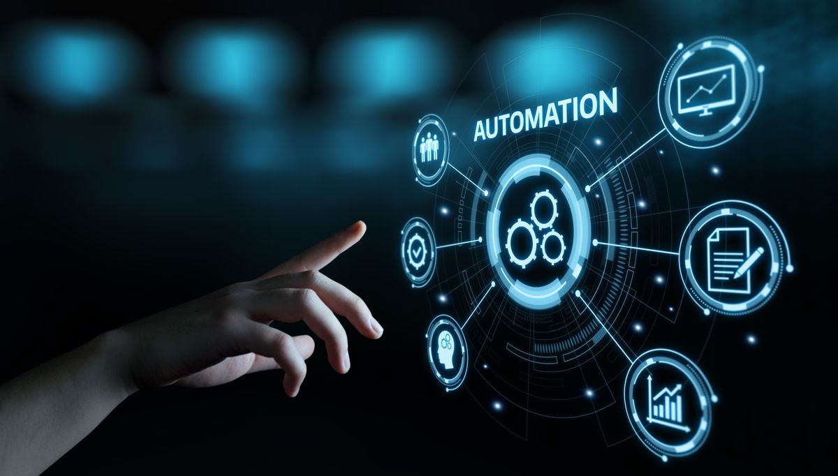 A hand reaching out to a screen which displays automation options