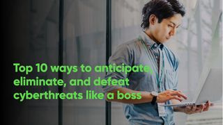 Top ten ways to eliminate cyber threats: eBook cover with green title over image of man using a laptop wearing a lanyard