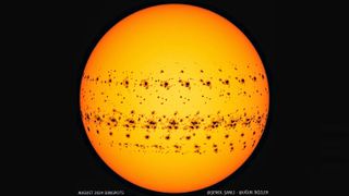 A time lapse image of the sun showing all the sunspots that have appeared in August