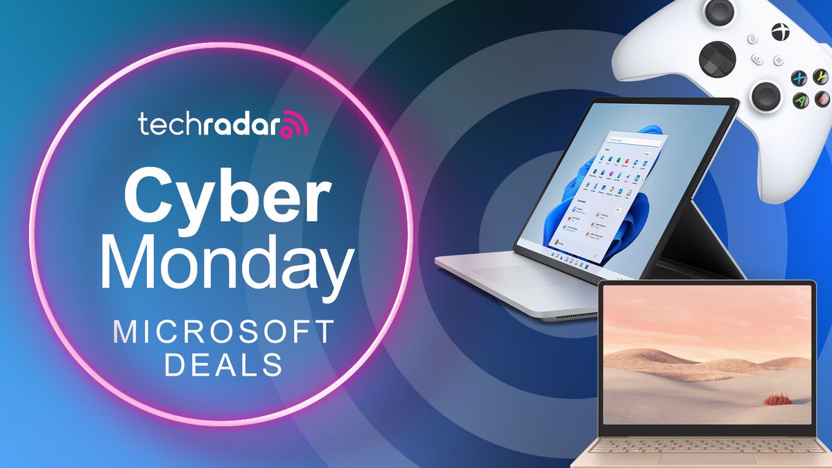 Two Microsoft Surface products and an Xbox controller on a TechRadar Cyber Monday deals overlay