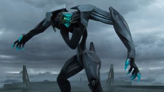 A long-limbed humanoid robot with their arms out wide in a menacing stance. In the background the sky is filled with dark gray clouds.