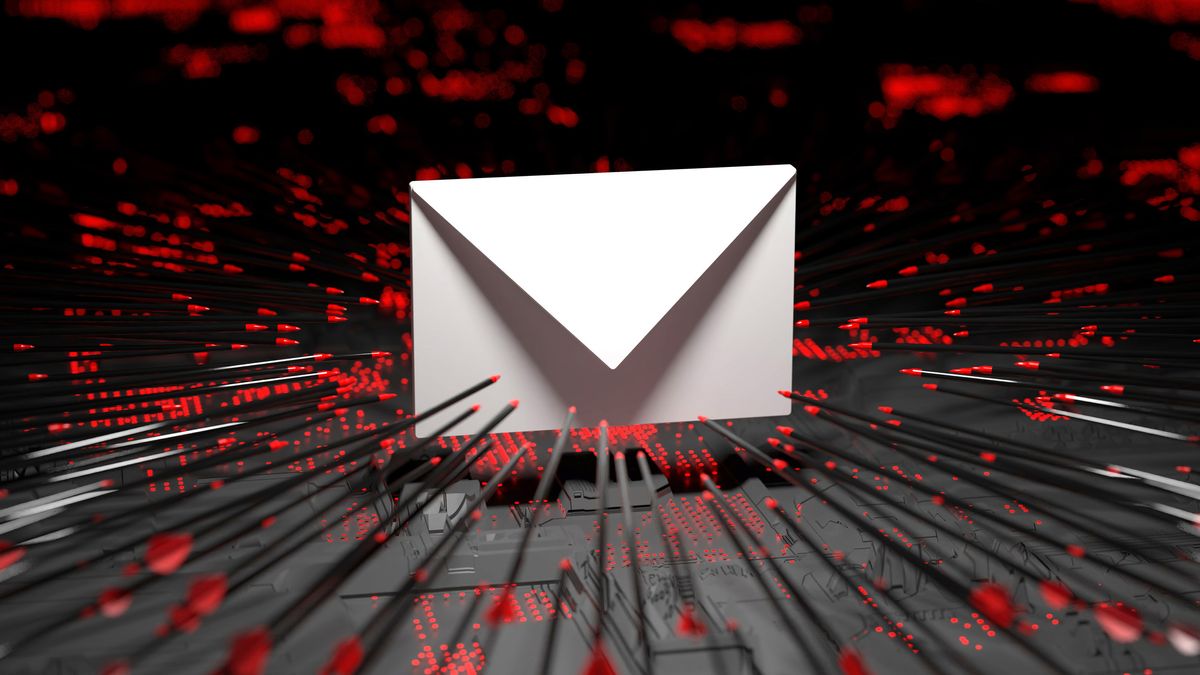 An CGI render of a white envelope being shot at from all directions by arrows with red-tips, to represent business email compromise (BEC).