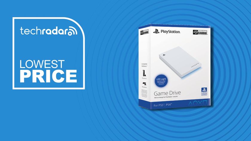 The Seagate Game Drive External SSD for PS5 box on a blue background with white lowest price text