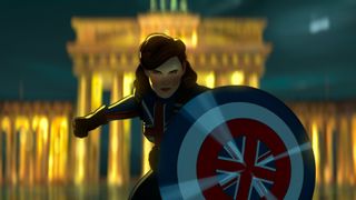 Marvel Timeline: Agent Carter holding Captain America's shield during an episode of What If...?