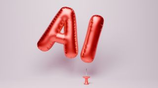 A CGI image of a balloon reading "AI" floating just above a thumbtack. Decorative: the balloon and thumbtack are both red, and set against a baby pink backdrop.