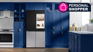 Samsung Family Hub Fridge in a modern blue kitchen with a sign saying &#039;Personal Shopper&#039;