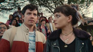 Asa Butterfield and Emma Mackey on the set of Sex Education season 3