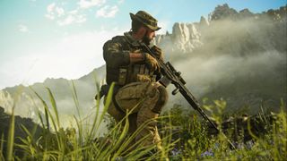 Captain Price kneels in a verdant field