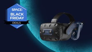 The HTC Vive Pro 2 headset in black and blue on a dark blue planet background with the space.com logo in the top left corner.