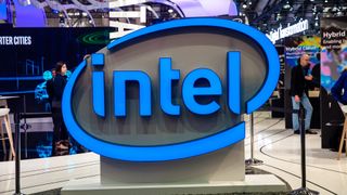 Intel&#039;s logo in front of their booth at a tradeshow