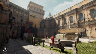 Sunny vatican courtyard with red robed cardinals and fountains in Indiana Jones and the Great Circle