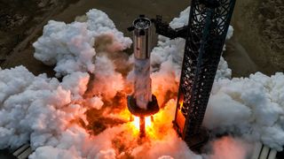 SpaceX conducts a static fire test with Flight 7 Starship Super Heavy first-stage booster at its Starbase site in South Texas on Dec. 9, 2024.