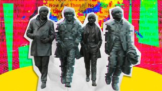 A scrapbook, Punk Pop-Art styling of a statue of The Beatles in Liverpool, England, with John Lennon and George Harrison's likeness digitized as if holographic.