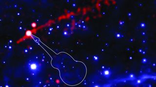 An image of space with a guitar-shape nebula (highlighted) and energy jets in red