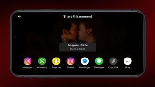 A phone displaying the new Netflix Moments interface, featuring a timestamp and social networking links