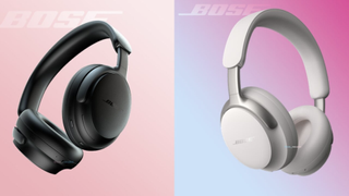 Twee Bose-koptelefoons tegen een roze achtergrond – mogelijk renders van de Bose QuietComfort Ultra