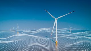 An offshore wind farm, with data points in place of waves to represent Industrial Internet of Things (IIoT).