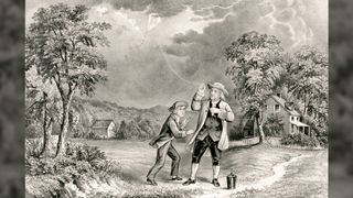 An illustration of Benjamin Franklin conducting his kite-and-key experiment during a thunderstorm.